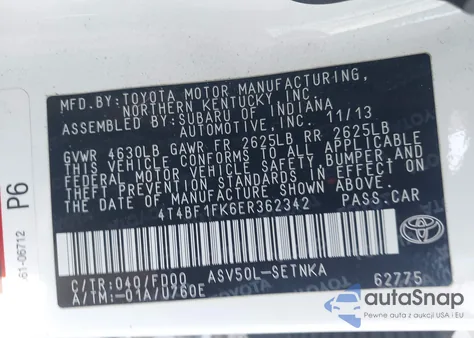 2014 Toyota Camry Le z USA, uszkodzony, nr VIN 4T4BF1FK6ER362342